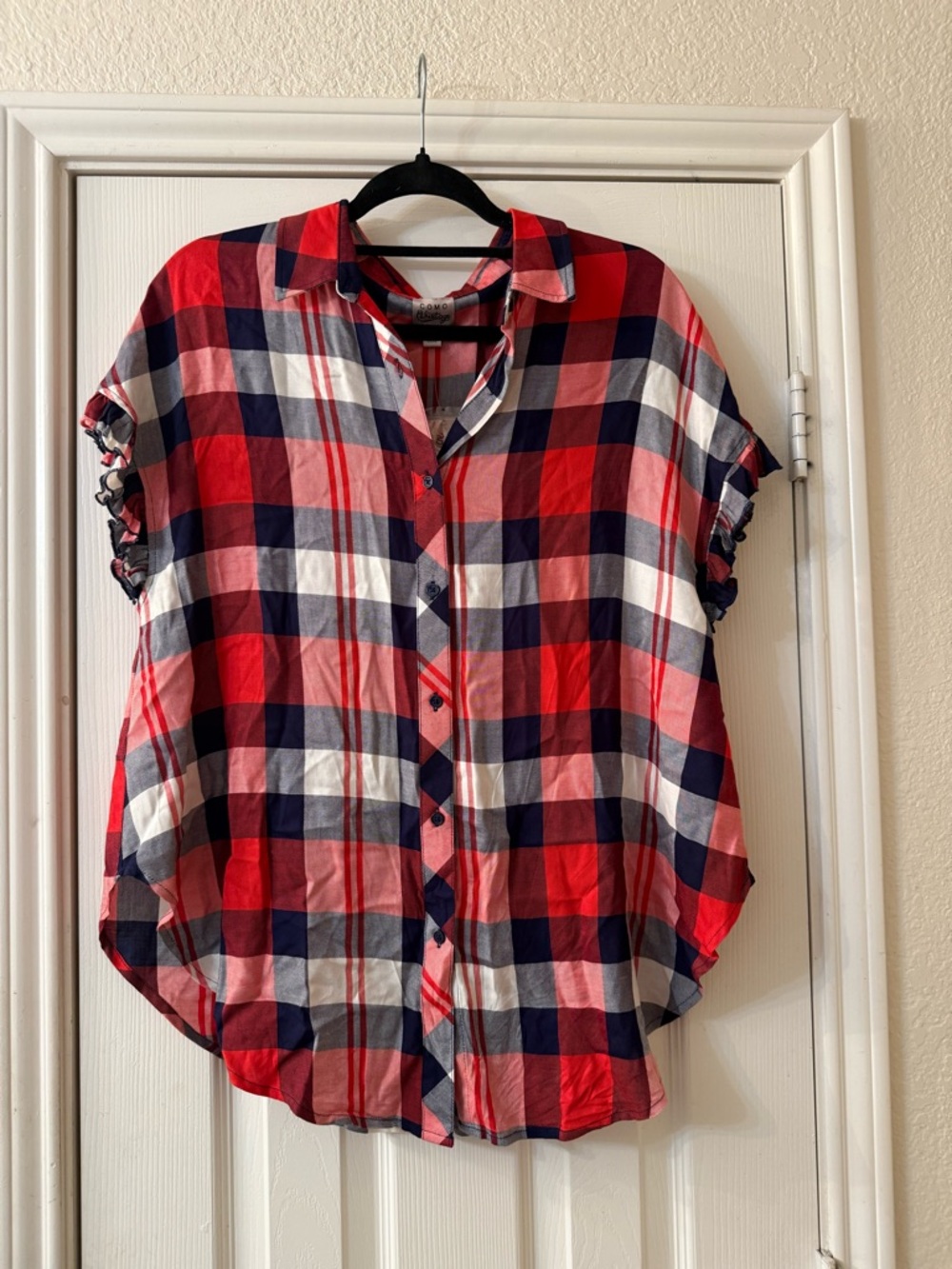 Como Vintage  Navy White Plaid Button-Up Blouse ruffle sleeves NWT Size large